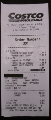 The food court receipt from warehouse 302, with the card number blacked out.