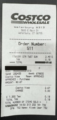 The food court receipt from warehouse 313, with the card number blacked out.